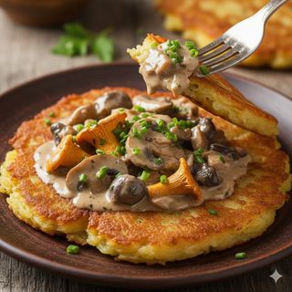 Placek z sosem z grzybów leśnych