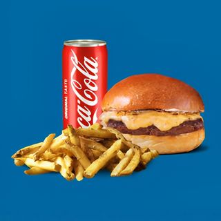 Бургер меню (бургер по избор, пържени картофки 100гр. Кока кола кен)