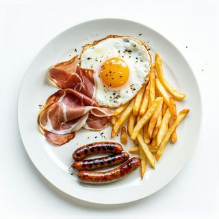 Jamón a la plancha, longaniza, huevo frito y patatas fritas