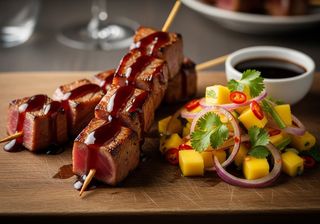 Spiedini di tonno caramellati in salsa teriyaki con insalatina di mango