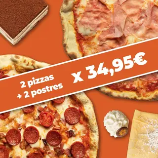 MENU DOS PIZZAS DE SIEMPRE + 2 POSTRES 34,95€