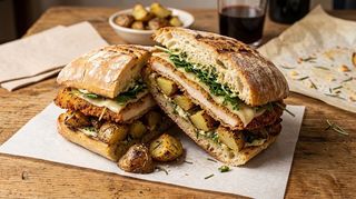 Panino con cotoletta e patate al forno