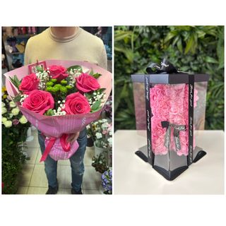 Букет от 5 бр. Цикламени рози и мече от рози