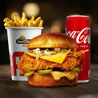 Original chicken burger + pomfrit + Coca cola 0.33l