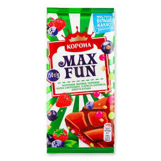 Шоколад молочний «Корона» Max Fun зі смаком полуниці, малини, чорниці та смородини (150г)