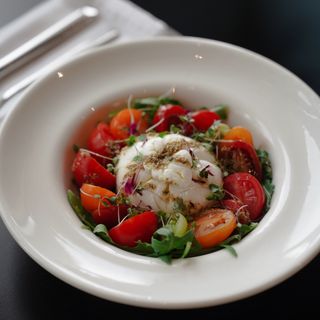 ბურატა რამდენიმე სახის პომიდორთან და პესტოს სოუსთან ერთად