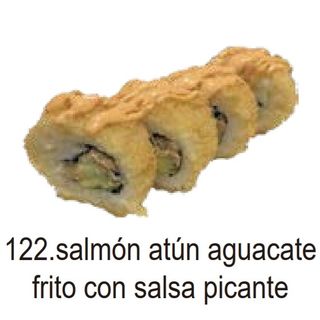 122. Urumaki De Salmón Con Atún Y Aguacate Frito(8 Pza.)