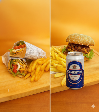 Бургер + тортила с дърпано свинско + 2 x бири Каменица(500 мл)