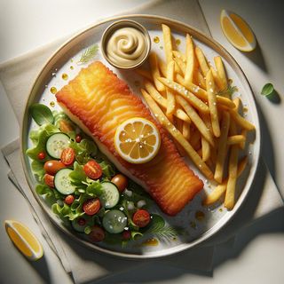 Dorsz smażony w sosie cytrynowym z frytkami i surówkami