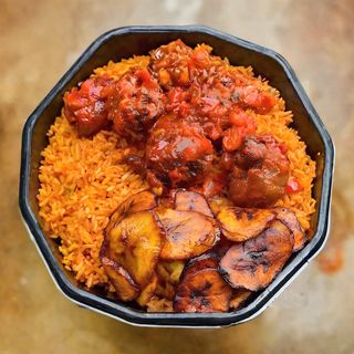 Jollof Rice& Boiled Egg, 2 Beef,  & Plantain