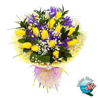 Bouquet di tulipani gialli e iris blu