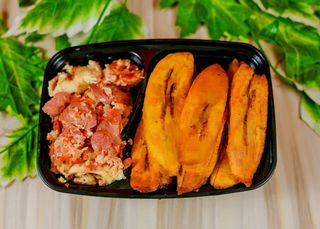 Plantain + scrambled eggs + sausages