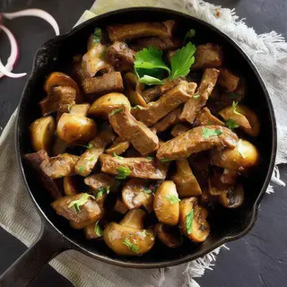 Sartén De Setas, Tacos De Heüra Mediterráneos Y Patatas Fritas