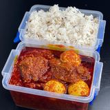 Rice and beans with Atadindin stew and plantain 
