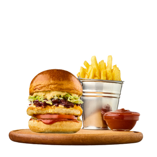 Чікен меню: бургер з ніжною куркою, картоплею фрі та кетчупом (470г)