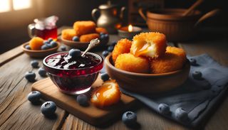 Панирани сиренца Президент със сладко от боровинки