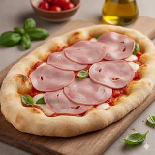 Pinsa con pomodoro, mozzarella e prosciutto cotto