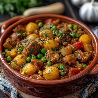 Porc Avec Pomme De Terre Et Petits Pois + Accompagnement