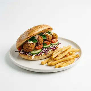 Bułka falafel z frytkami i warzywami