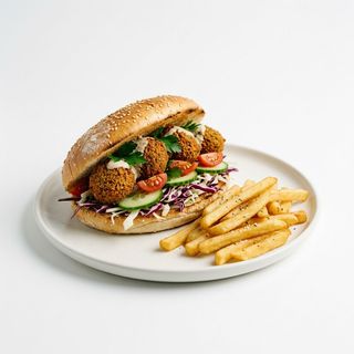 Bułka falafel z frytkami i warzywami
