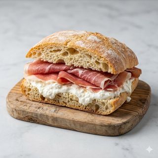 Ciabatta con prosciutto di Parma 18 mesi e stracciatella della fattoria