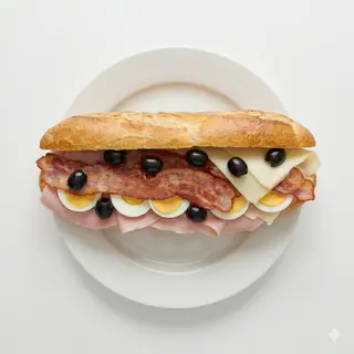 Bocata de Bacon, Queso, Huevo Duro, Aceitunas y Jamón York