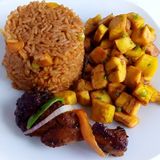 Jollof Rice + Plantain + Drum stick