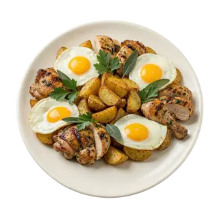 Pollo, patatas y huevo