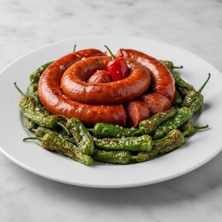 Chistorra Con Pimientos De Padrón (Ración)