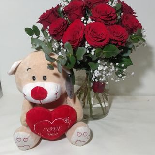 12 rose rosse gambo medio con peluche