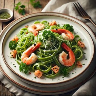 Zeleni tagliatelle s lososom i kozicama