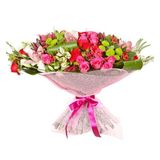 Buchet Elegance (1009)- mixt din trandafiri, orhidee, crizantema verde, eustoma, gherbiera si verdeata decorativa