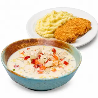 Meniul zilei Ciorba de pui a la grec si snitel de pui cu piure