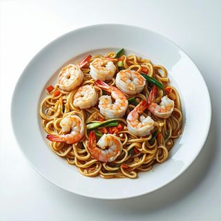 La mian con gamberi saltati al wok