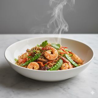 Spaghetti di riso con gamberi
