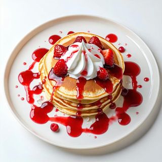 Pankejki z bitą śmietaną, sosem waniliowym i truskawkowym