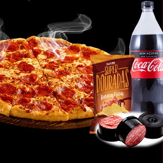 Pack Pizza Familiar + 2 Batata Frita + Bebida 1,5Lt + 3 Delta Q