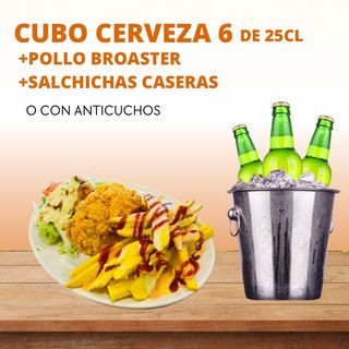 6 Cervezas de 25cl.+ Pollo Broaster + salchichas caseras.
