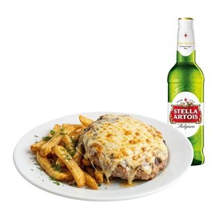 Плескавица от свинско месо + пържрни картофи + Стела Артоа