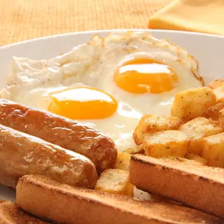 Two Eggs, Two Toast Slices, Home fries and One Sausage