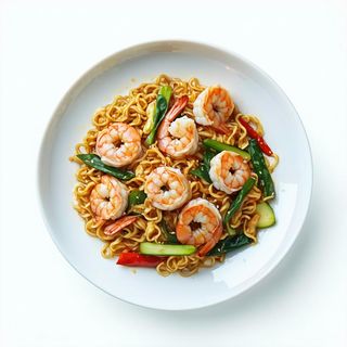 Ramen saltato con gamberi e verdure