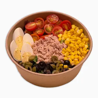 Ensalada con Atún, Maiz, Cherry, Huevo y Aceitunas