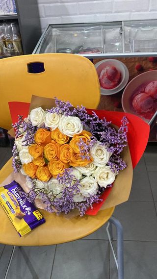 Creamy Citrus Delight: White & Orange Roses with Dairy  Chocolate