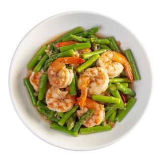 Revuelto de ajetes gambas y champiñones