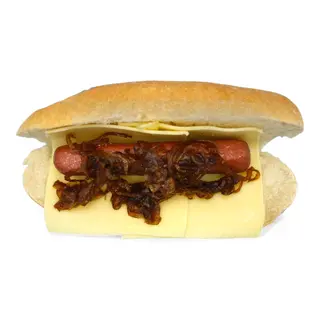 Perrito 2.  Con queso y cebolla a la plancha