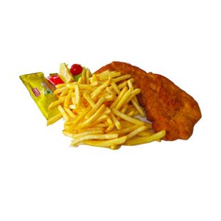 Piatto cotoletta con patate e insalata