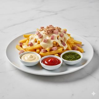 Papas Fritas, Queso, Jamón, Atún Y 3 Salsas