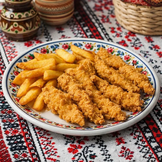Strips din piept de pui crispy nepicant 8 bucăți cu garnitura la alegere si 1 sos gratis inclus