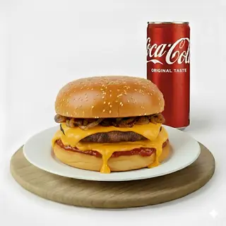 Hamburger con pancetta, formaggio e ketchup + Lattina Coca-Cola