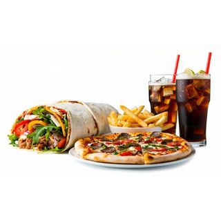 Menú 6 .pizza mediana 2 unidades .drum 2.unidades,1 patata ,bebida 2 litro